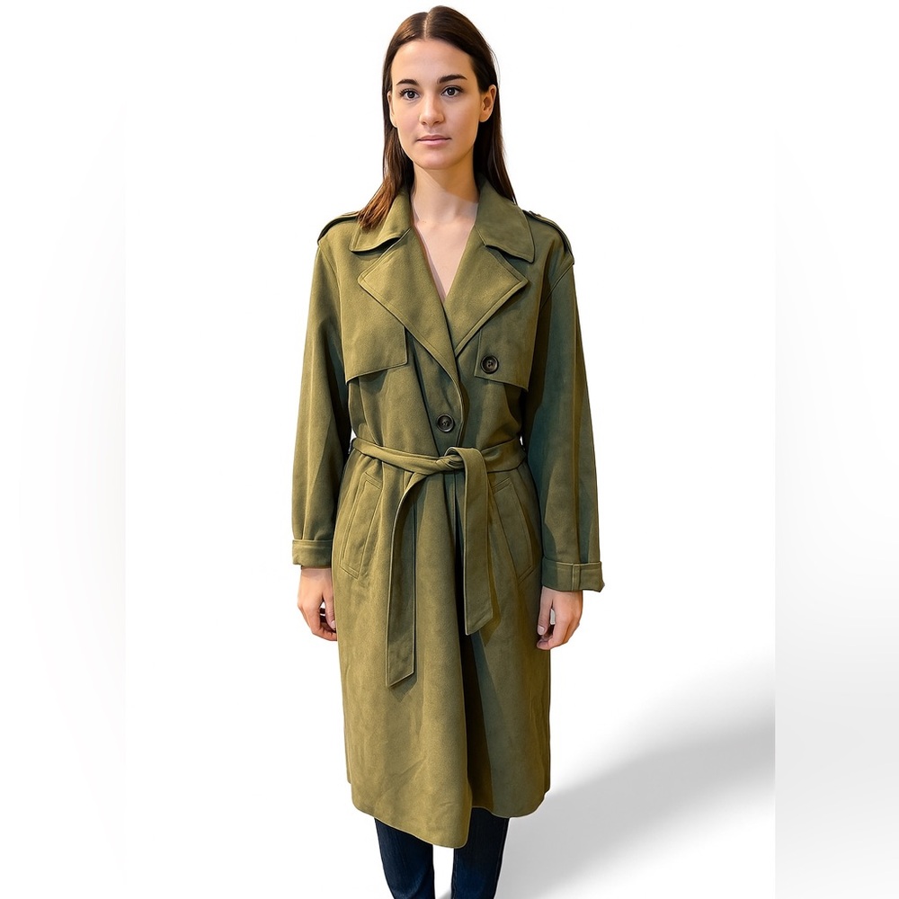 Love for Humanity Womens Faux Suede Belted Trench Coat Size L Green Black Label
